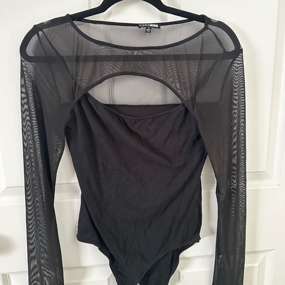 Fashion Nova Sheer Black Long Sleeve Bodysuit